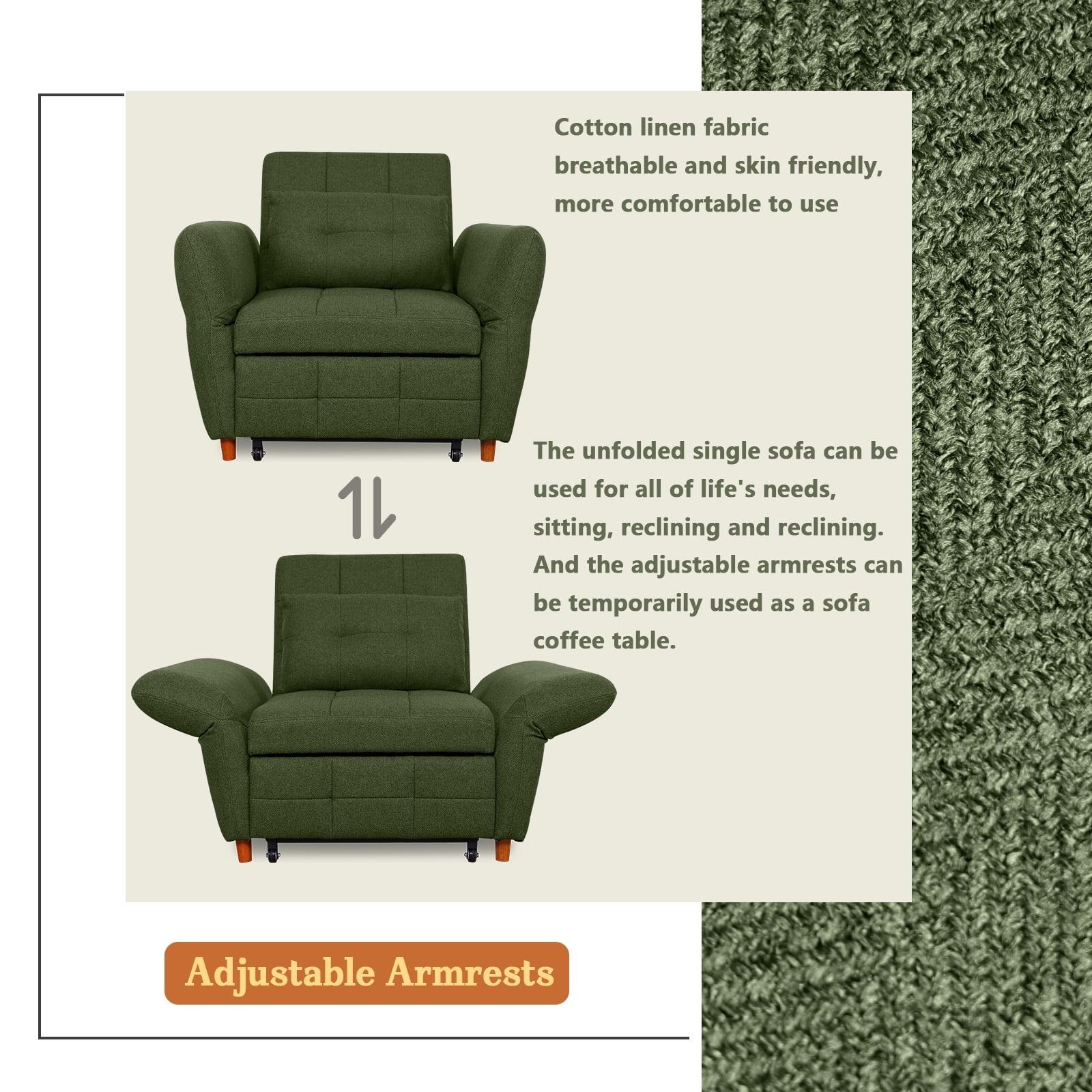 NOBLEMOOD 3-in-1 Sleeper Sofa w/ Adjustable Armrests,Pull Out Convertible Sofa Bed w/ 3 Level Adjustable Backrest & Thickened Pillow for Living Room or Apartment, Green