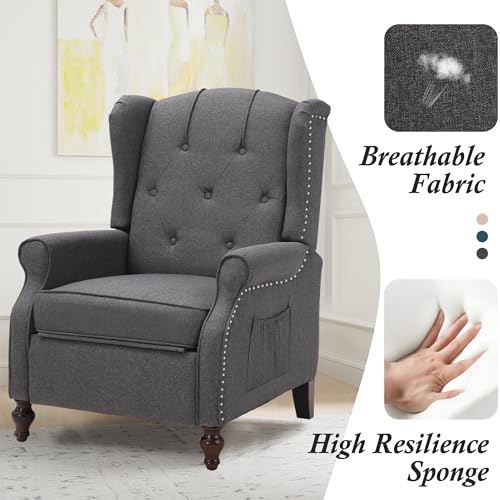 Wingback Recliner Chair with Massage and Heat, Tufted Fabric Pushback Recliner Chair, Wingback Chair with Remote Control, Padded Cushion, Wooden Legs, Small Recliners for Small Spaces