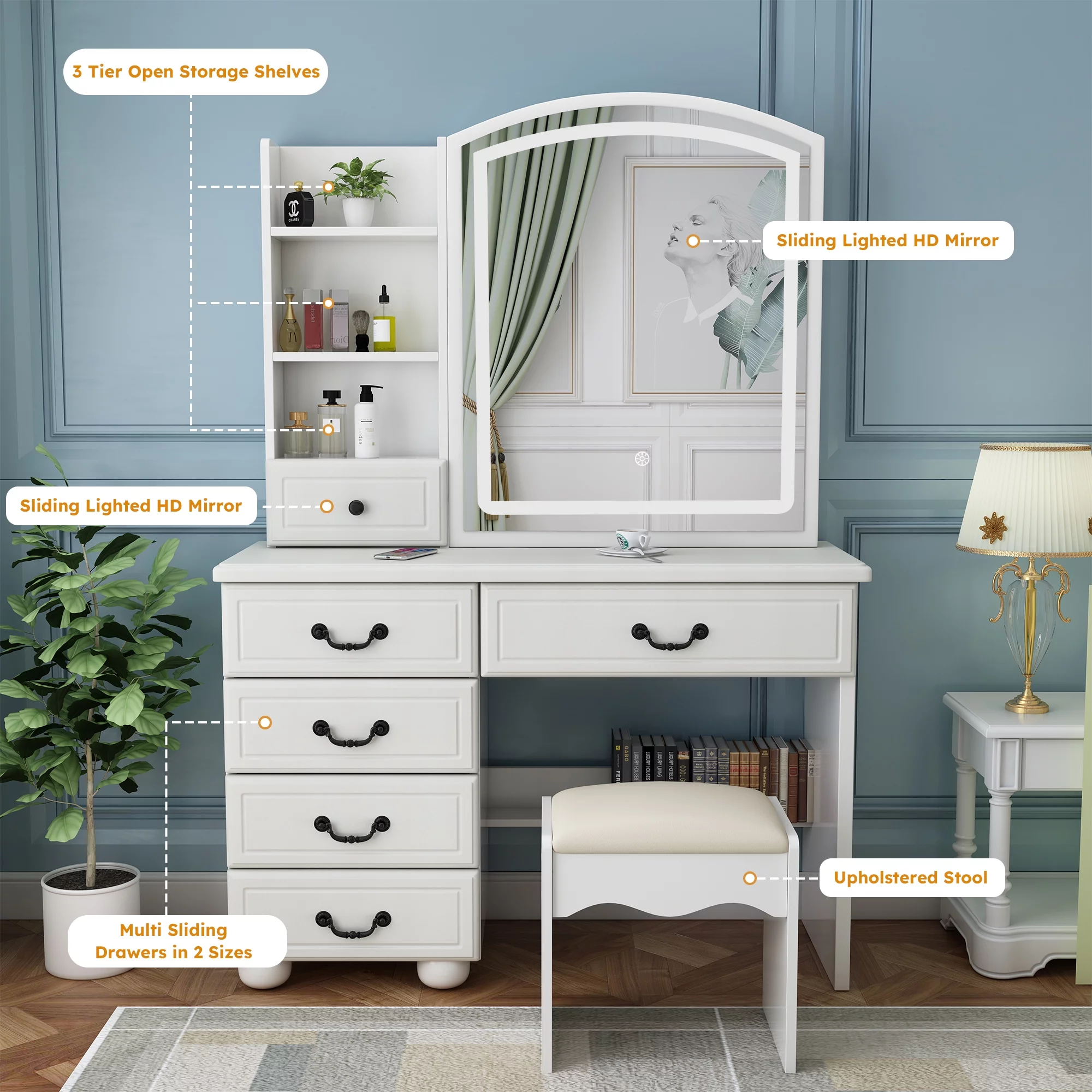 Leavader Vanity Desk with Mirror and Led Lights, Makeup Vanity Table Set with 3 Color Lighting Brightness Adjustable, 6 Drawers, White Color Dress Vanity Table