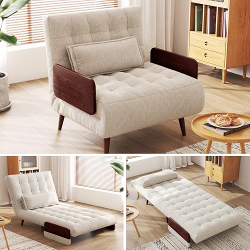 3-in-1 Convertible Chair Bed Sleeper for Adults, Linen Convertable Sleeper Chair with Wooden Arms & Pillows, Foldable Single Futon Sofa Bed (Mid Century with Walnut Arm, 36.6" Wide)