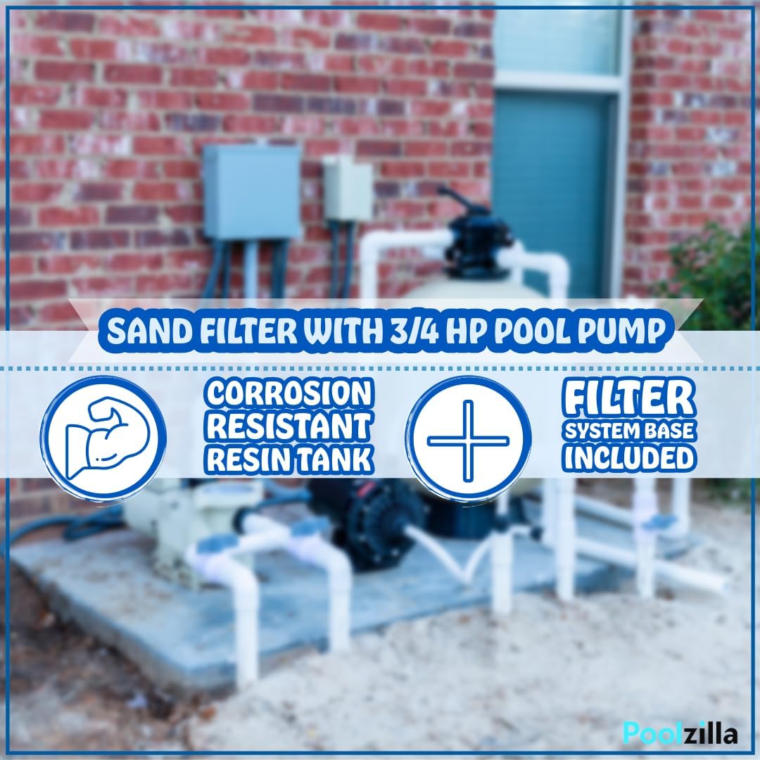 Poolzilla Tiger Shark 12" Sand Filter with 3/4HP Pool Pump 4 Way Valve Above Ground Pool Set with Stand, for Pools up to 7,200 Gallons