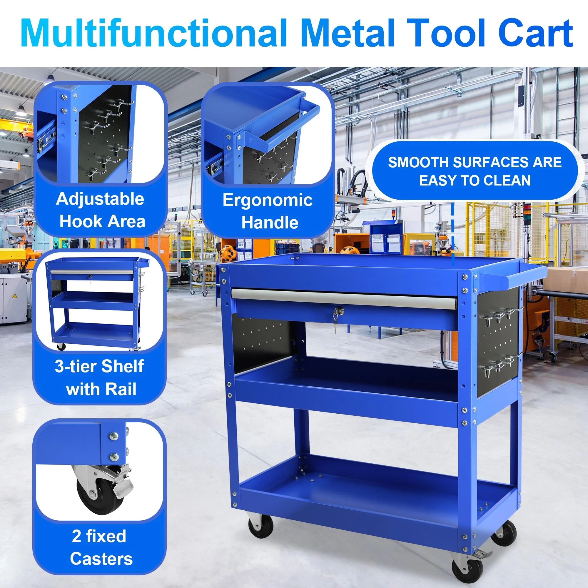 Rolling Tool Cart with Drawer, Seizeen Heavy Duty Utility Cart on Wheels, Garage Workshop Tool Organizer, 3 Tray, 1 Lockable Drawer, 6 Side Hooks