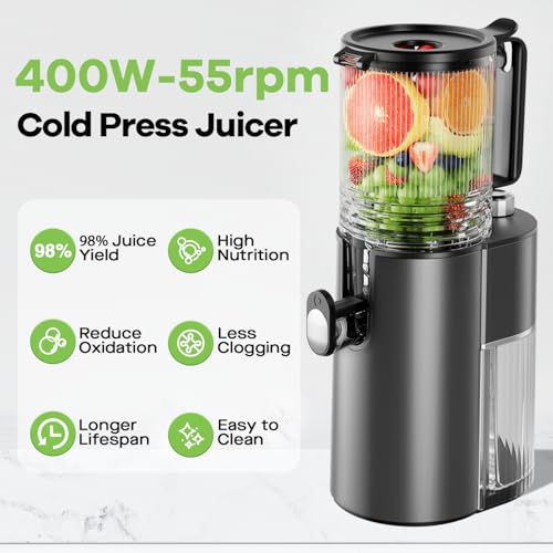 Cold Press Juicer, 5.8" Wide Feed Chute Juice Extractor Machine with 400W, High Juice Yield, Slow Masticating Juicer for Whole Vegetables & Fruits, Metallic Silver