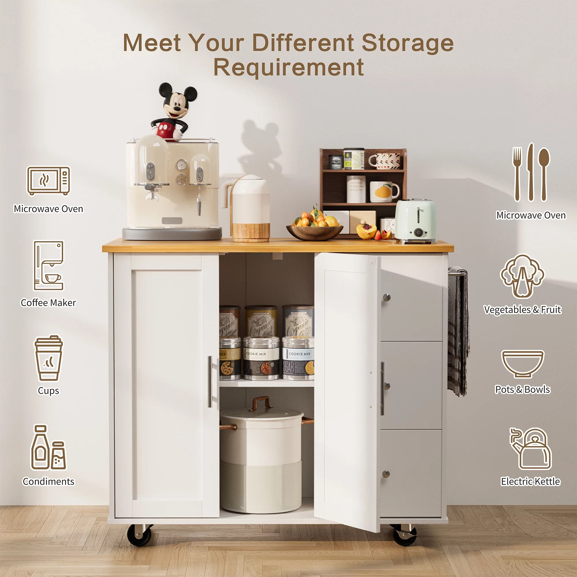 Walsunny Kitchen Island on Wheels with Storage Cabinet & 3 Drawer, 39.7" Width Rolling Kitchen Table, Cart Handle for Towel Rack or Free Mobility Black
