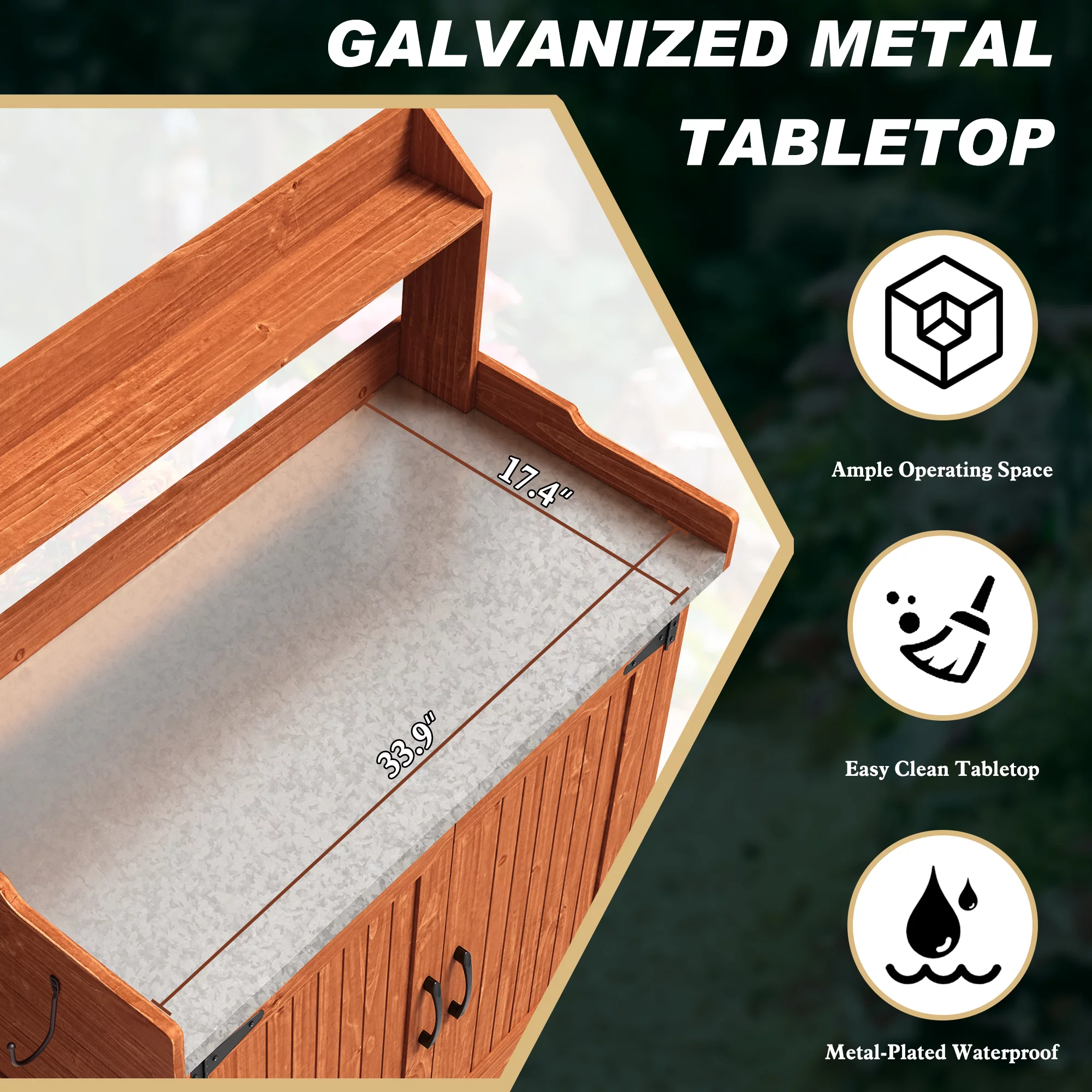 HLR Potting Bench with Storage, Galvanized Steel Tabletop Ourdoor Potting Bench with Storage for Garden Patio, Original Wood