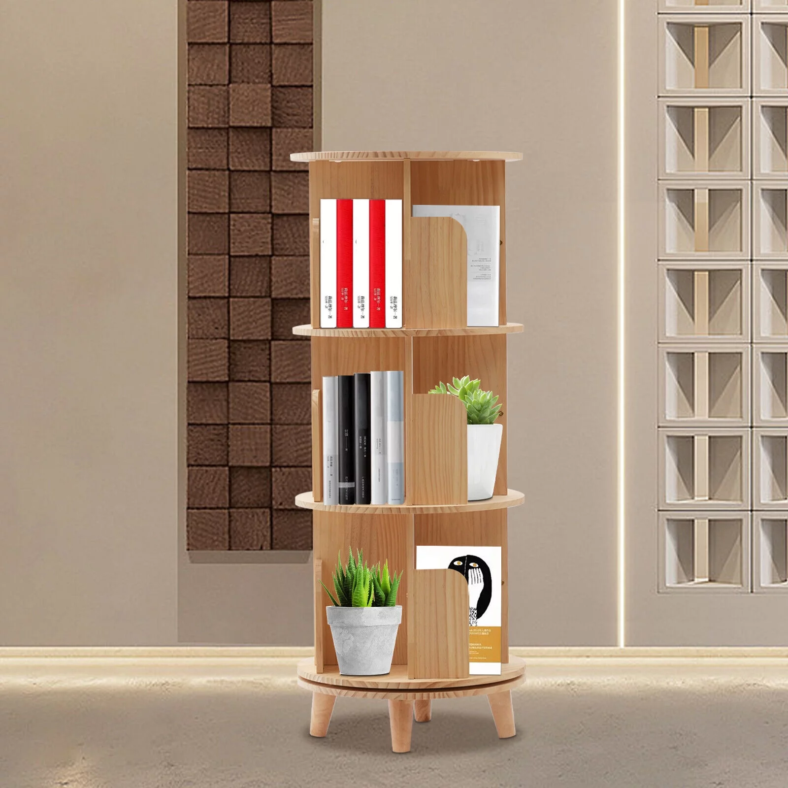 3 Tiers 360° Rotating Bookshelf Wood Bookcase Storage Shelf Freestanding Display Rack - Curated Treasures Market