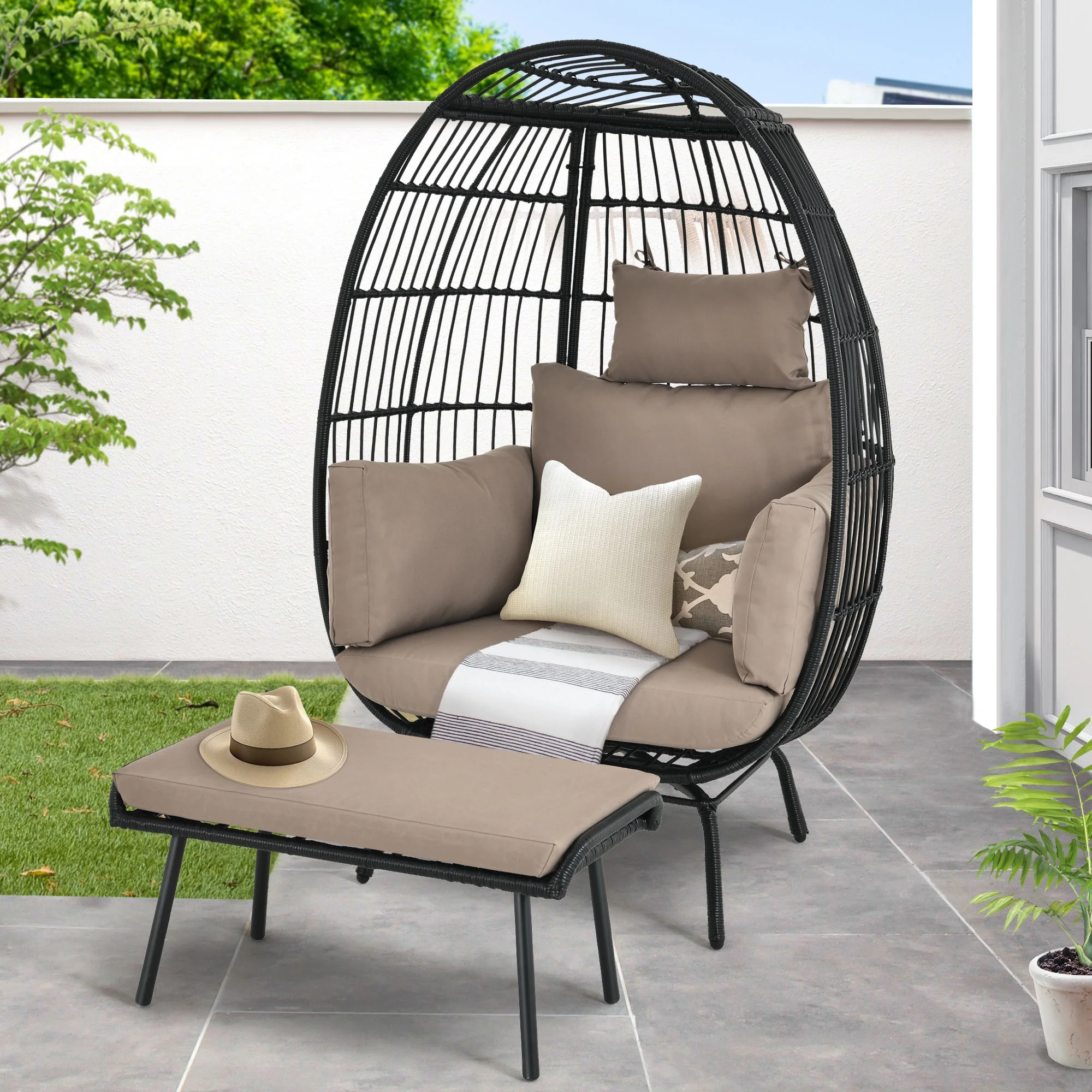 DEXTRUS Wicker Egg Chair with Ottoman,with Stand, Cushions, Egg Chairs for Patio - Black