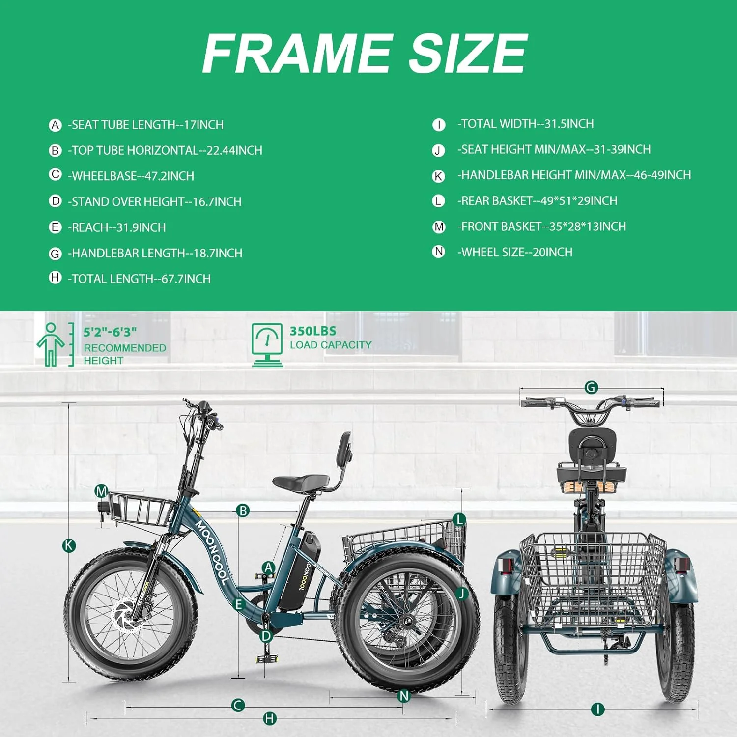 MOONCOOL Electric Tricycle for Adults, 20" x 4.0 Fat Tire Electric Trike, 7 Speed 750W Motorized 3 Wheel Electric Bicycle with Front & Rear Basket Basket, Suspension Fork - Curated Treasures Market