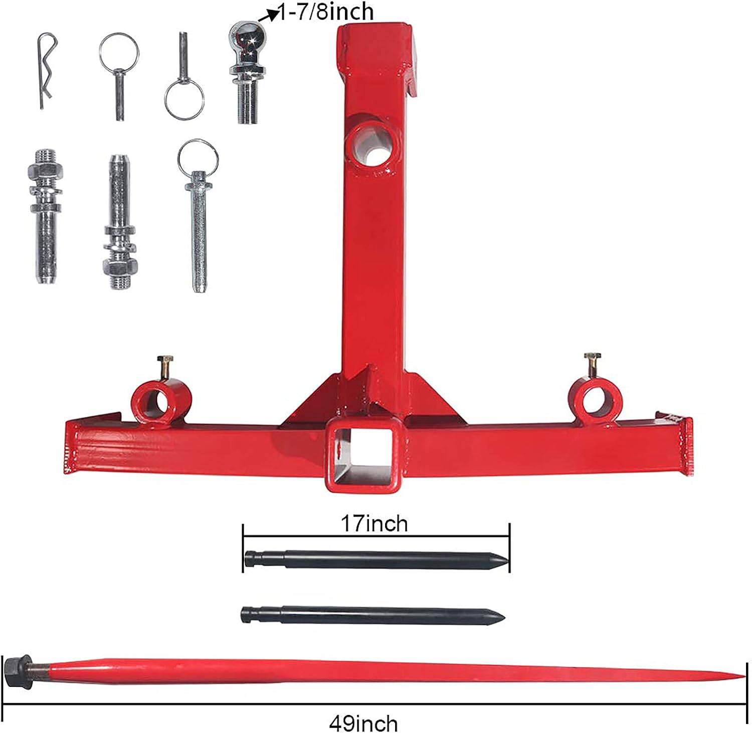 Sulythw 49” Hay Bale Spear 3 Point Trailer Hitch with 2" Receivers for Category 1 Tractors with 2 x 17” Stabilizer Spears 3000lbs Capacity & 1-7/8'' Trailer Ball Gooseneck Drawbar