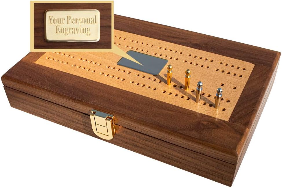Club Alex Luxury Domino Set with Handcrafted Walnut-Framed Beechwood Case & Cribbage / Counter Top - Tournament Quality 28 Double-Six Dominoes (Domino Set with Personalized Brass Plate)