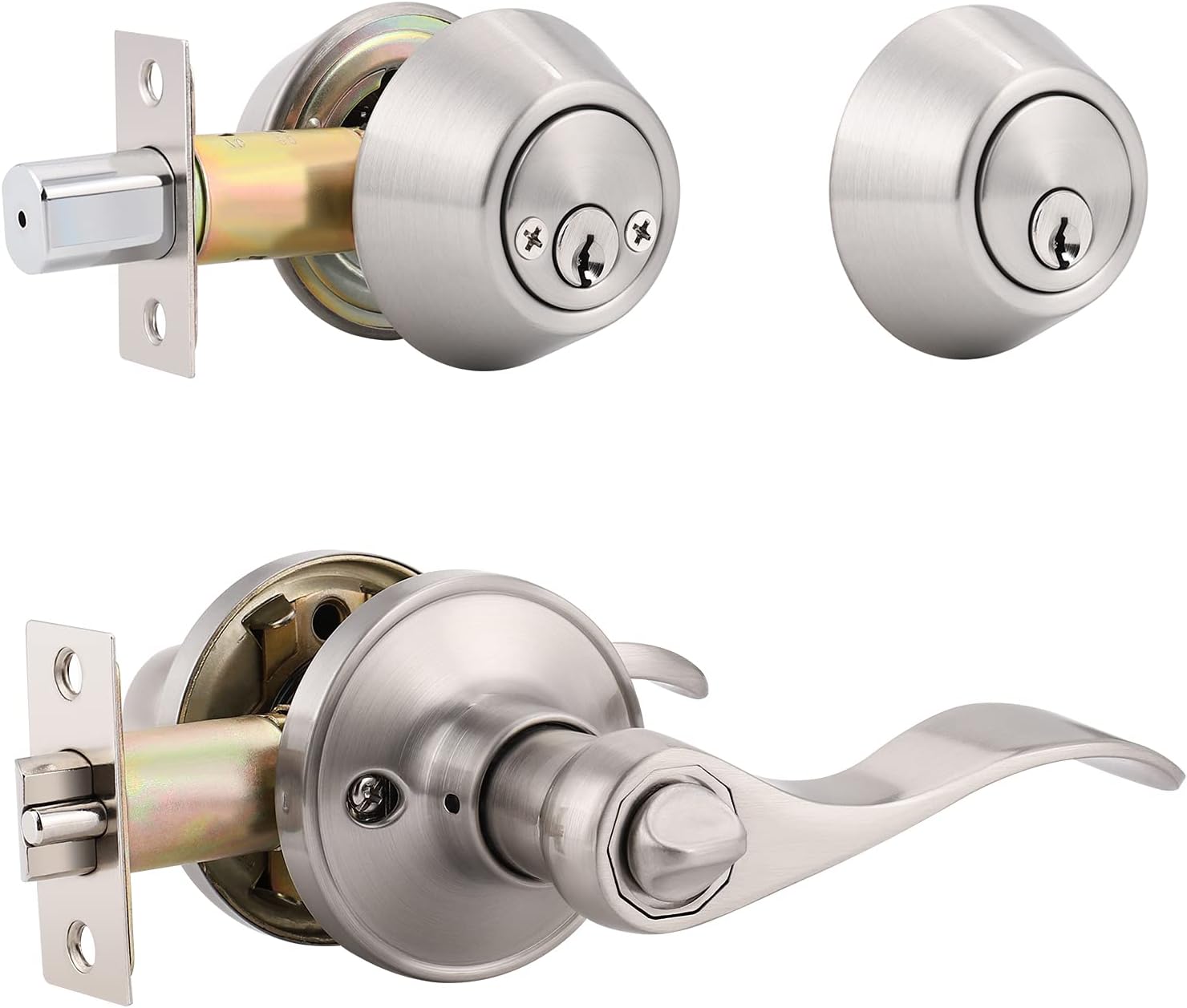 4 Pack Keyed Alike Front Door Entry Lever Lockset and Single Cylinder Deadbolt Combination Set, Wave Style Door Handle Set for Front Door or Office, Reversible for Right or Left Handed, Satin Nickel