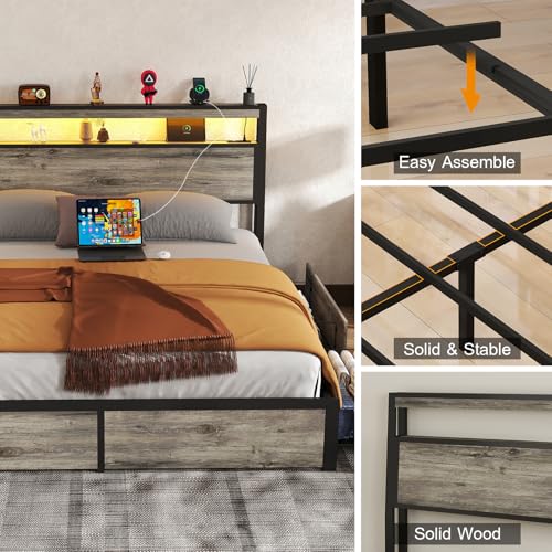 SADENICEL Queen Bed Frame with Storage Headboard and 4 Drawers, Metal Platform Bed Frame with LED Light, Charging Station, No Box Spring Needed, Noise Free, Easy Assembly, Vintage Brown