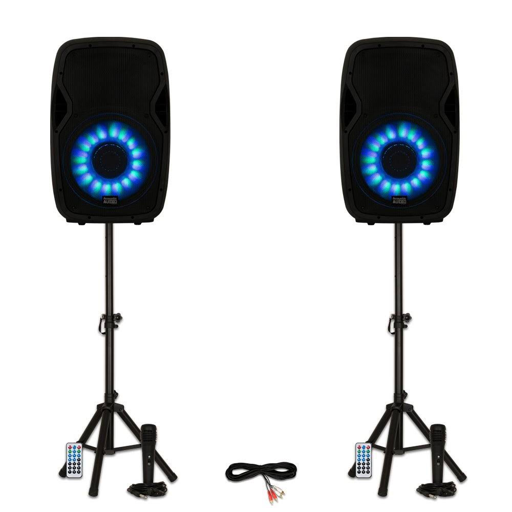 Acoustic Audio AA15LBS Powered 2000W 15x22 Bluetooth Flashing LED Speakers with Mics and Stands