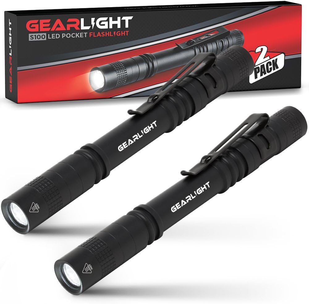 GearLight S100 LED Pocket Pen Light- 2 Small, Compact Flashlights with Clip for Tight Spaces, Police Inspection, Nurses & Medical Use Pack of 2
