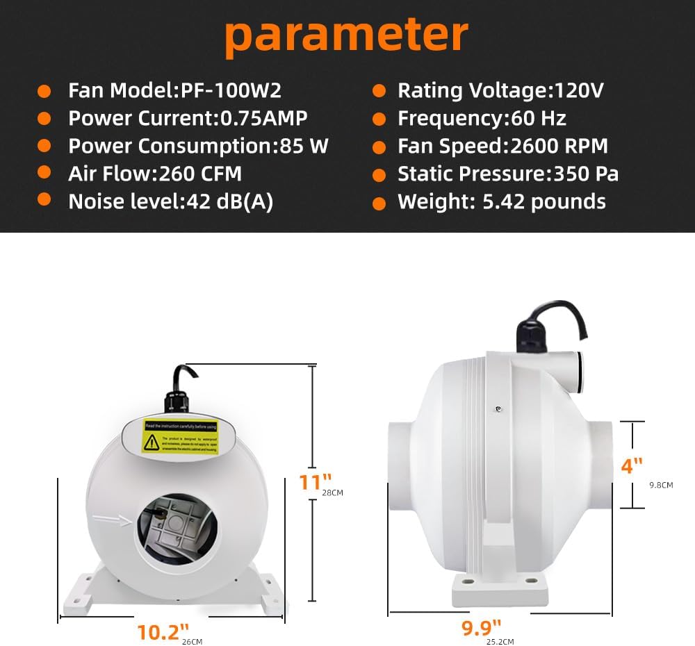 4 Inch Radon Fan, Quiet 260CFM Radon Mitigation System Inline Duct Fan IP67 Waterproof, High Airflow Electric Exhaust Fan for Indoor Outdoor Ventilation
