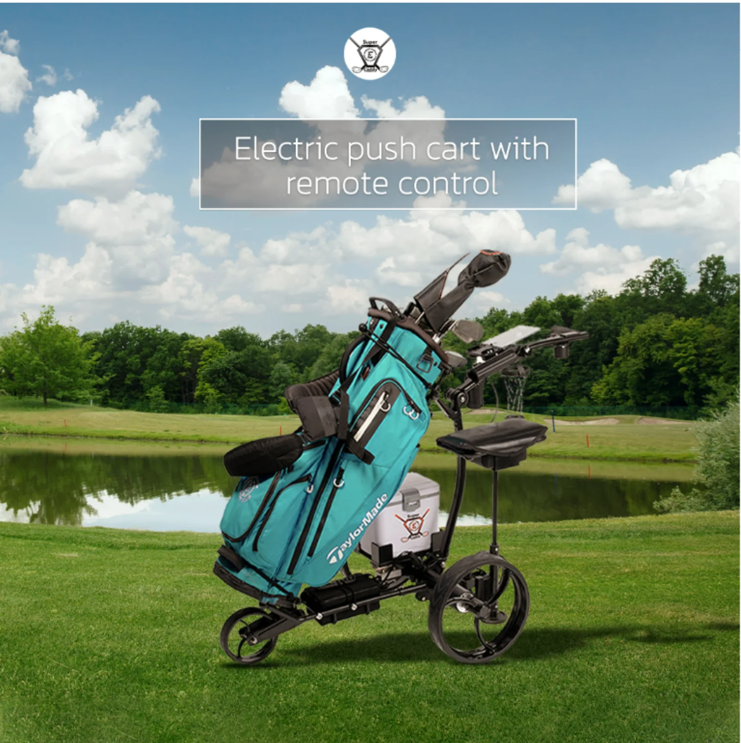 Super E Caddy Pro Electric Remote Control Golf Cart with Cooler, Seat, USB Port 12V Battery Black refurbished
