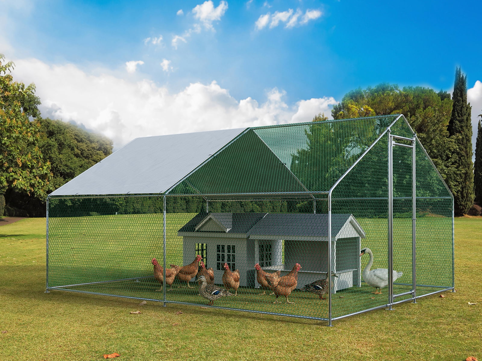 Oarlike Metal Chicken Coop for 15 Chickens Large Chicken Runs for Yard with Cover Galvanized Steel Chicken Pen Outdoor for Hen Duck Rabbits Goose Puppy Heavy Duty Walk-in Poultry Cage - Curated Treasures Market