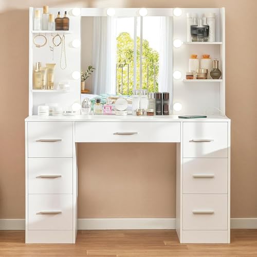 Quimoo Large Vanity Desk with LED Lighted Mirror & Power Outlet,Makeup Vanity Table with 7 Drawers,4 Shelves and 5 Hooks,Vanity Table, Vanity Desk Set for Bedroom,Bathroom,White