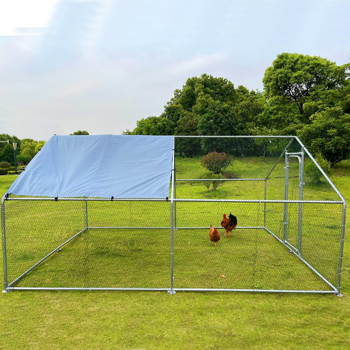 GeeLoon Extra Large Chicken Coop 10 x 13 ft Metal Walk-in Chicken Run Pen Silver