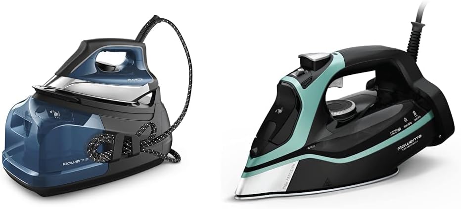 Rowenta Perfect Steam Pro Stainless Steel Soleplate Professional Steam Station & Steam Force Stainless Steel Soleplate Steam Iron for Clothes 400 Microsteam Holes, Cotton