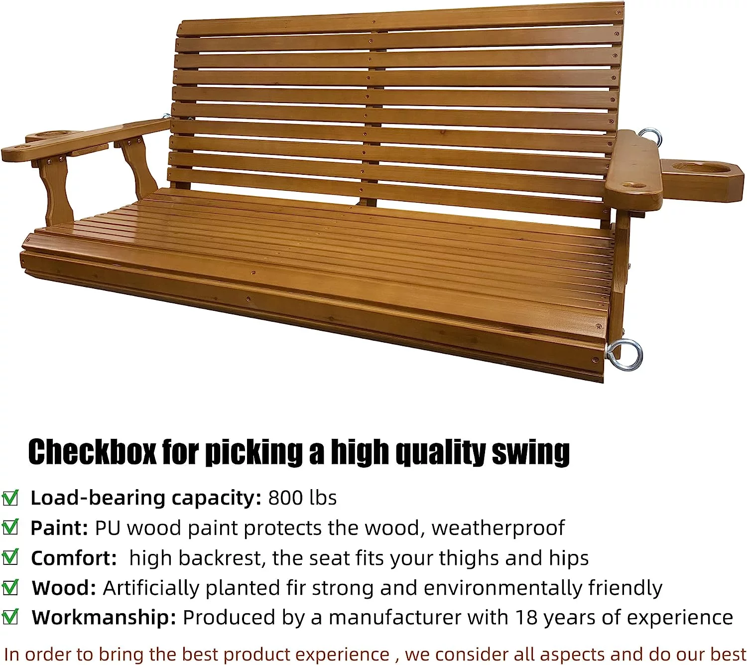 Patio Wooden Porch Swing 2 Seater with Cupholders, 800 lbs Bench Swing for Outdoors, 4.5 feet Brown