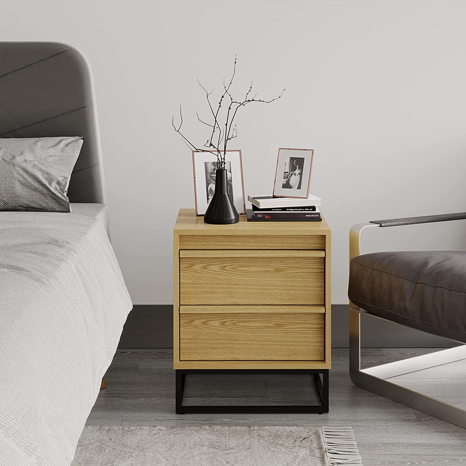 Cyra Natural Oak Nightstand - Fully Assembled Solid Wood Night Stand With Two Drawers, Black Metal Base - Ideal Wooden Nightstand For Bedroom