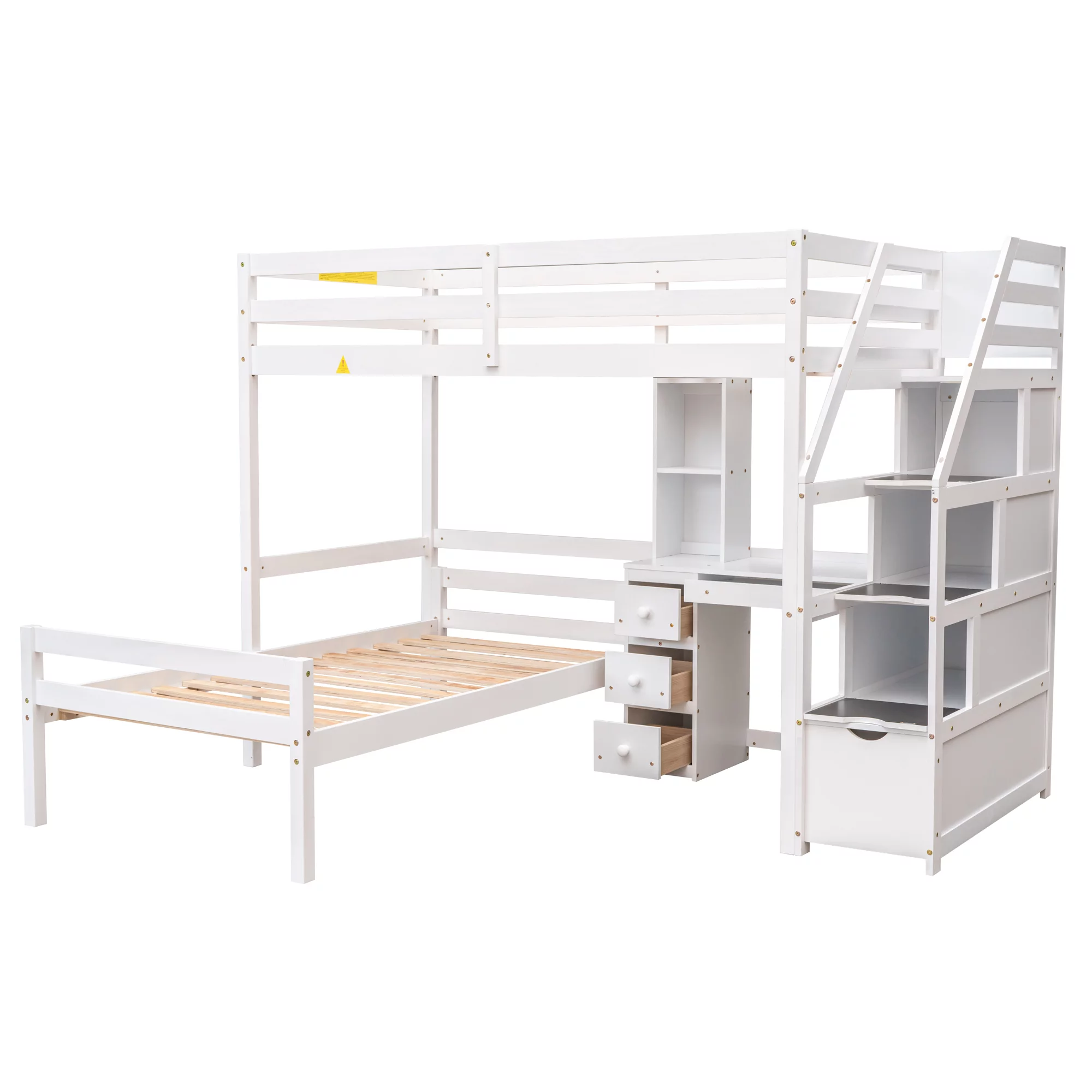 Euroco Wood Twin Bunk Loft Bed with Desk, Drawers and Shelf for Kids, White