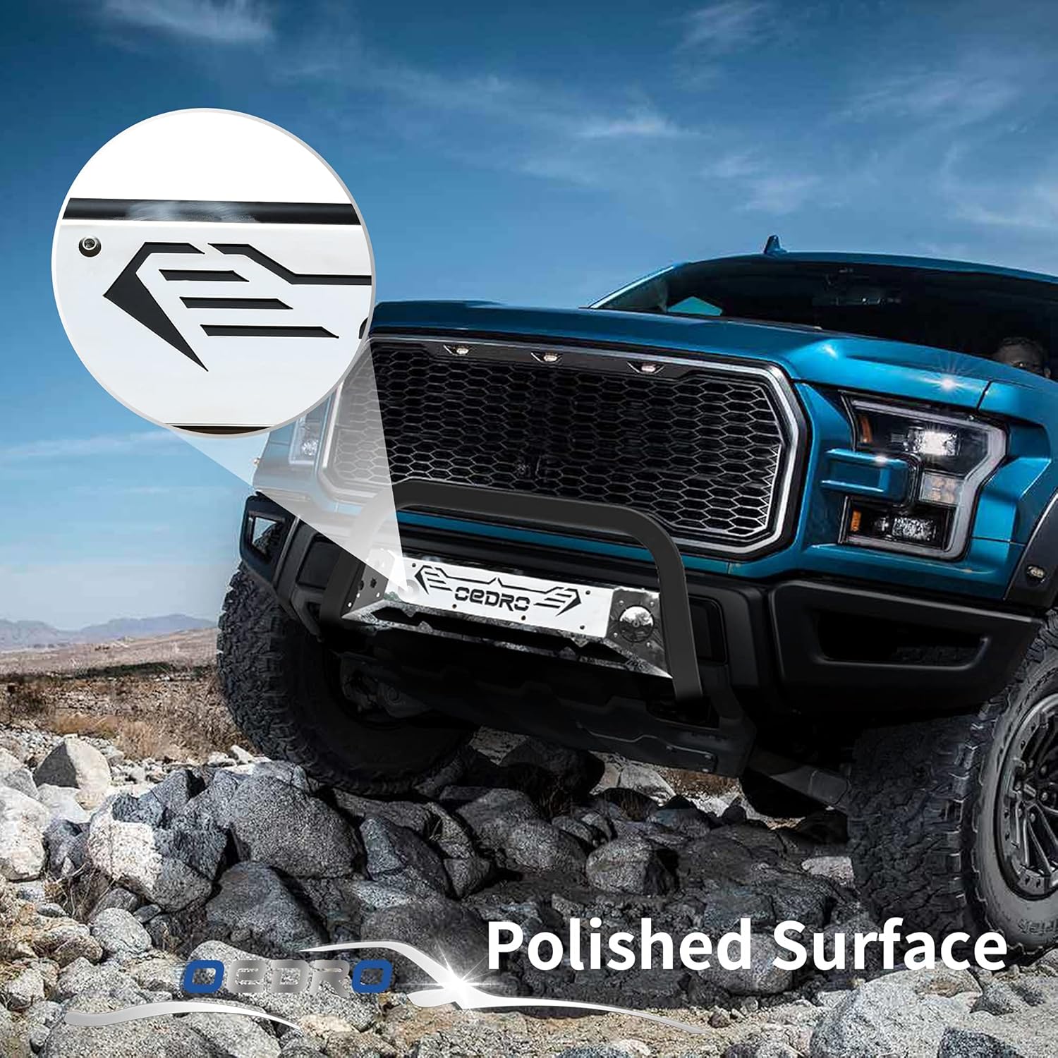 oEdRo Bull Bar Fits 2004-2022 Ford F150, Truck Brush Push Bumper Guard Grille w/ Chrome and Black Skid Plate Light Mount