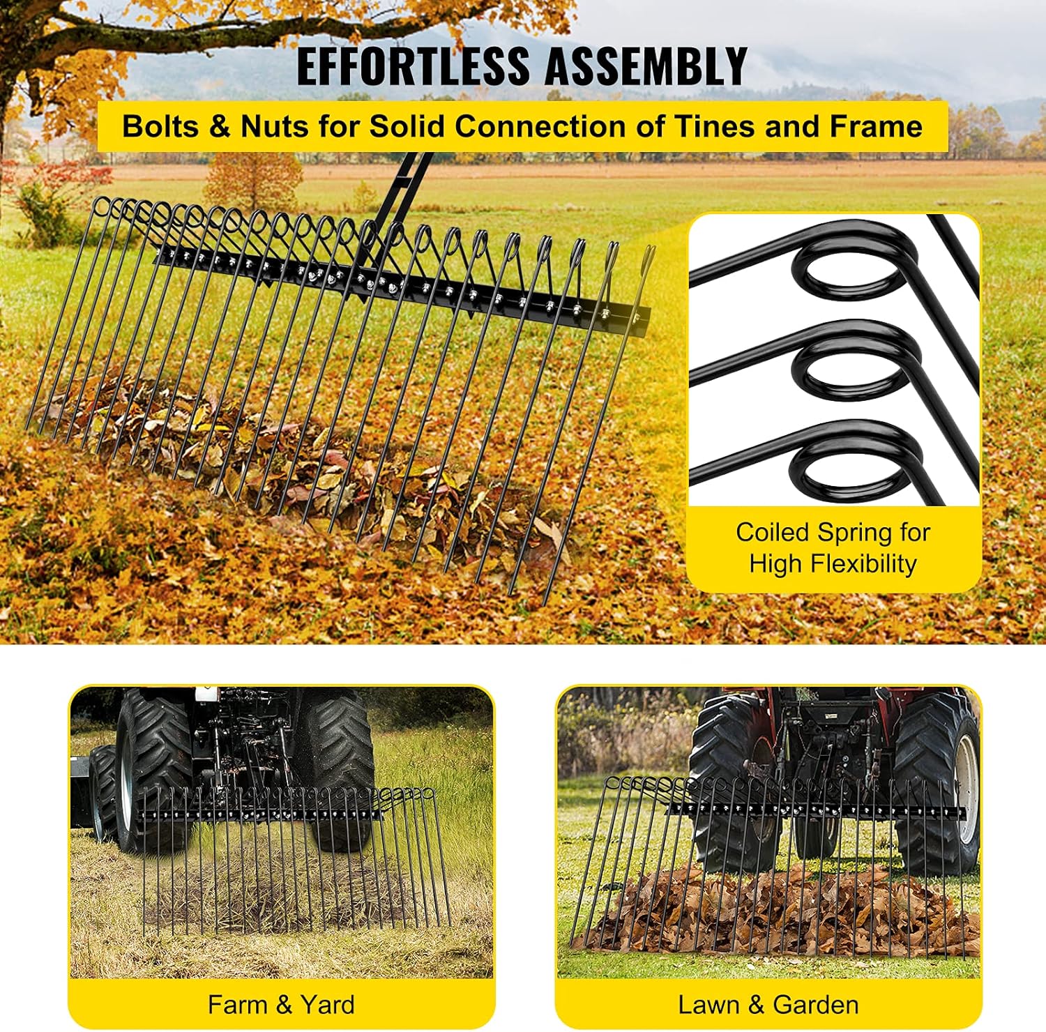 VEVOR Landscape Rake, 60 Inch Wide Tractor Rake, 3-Point Tow Behind Rake with 25.6 Inch Spring Tines, Black Pine Straw Needle Rake Dethatcher, Garden Driveway Rake for ATV UTV and Utility Tractors