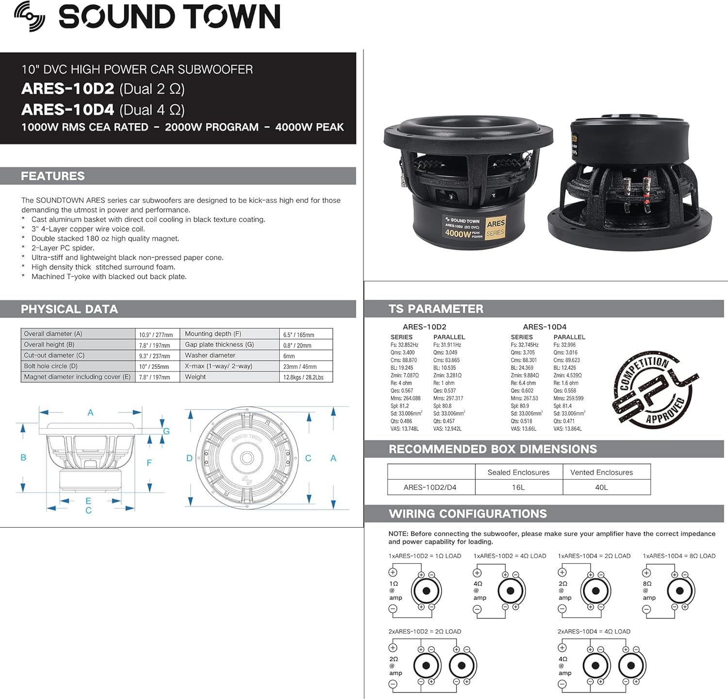 Sound Town 10" Dual Voice Coil 1000W Car Audio Subwoofer, Dual 4-Ohm, CEA Rated (ARES-10D4)
