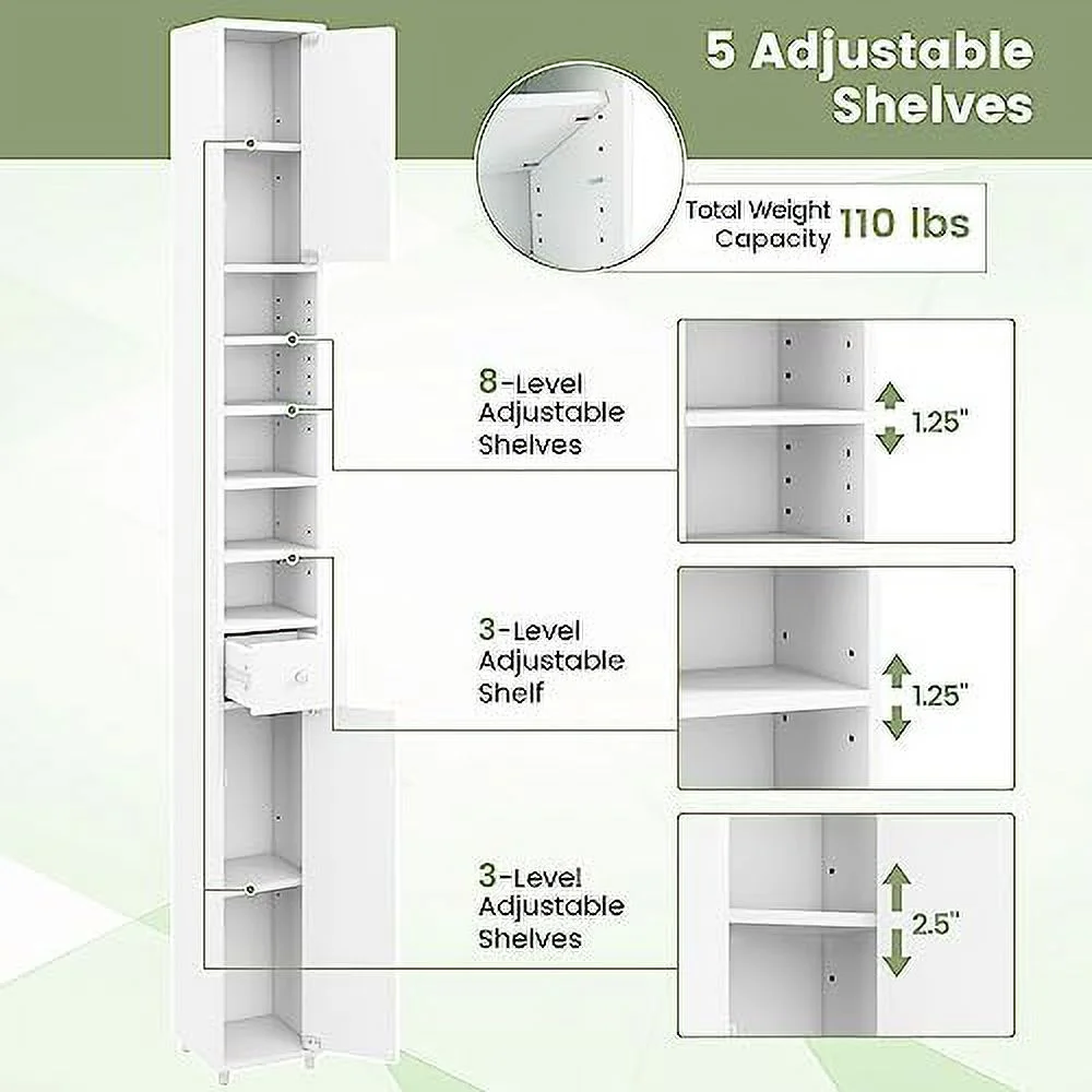 ZFGSUIJN Tall Slim Bathroom  Cabinet  71" Freestanding Bathroom Cabinet w/ 2 Doors  1 Drawer &amp; 5 Adjustable Shelves  Floor Narrow Tower Cabinet for Small Spaces  8" x 8" x - Curated Treasures Market