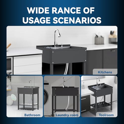 Stainless Steel Utility Sink,24" FreeStanding Laundry&Utility Room Sinks with Cold and Hot Water Faucet,Hoses and Drain Kit Commercial Single Bowl,Laundry Sink for Kitchens, Garage (24x18x36 Black)
