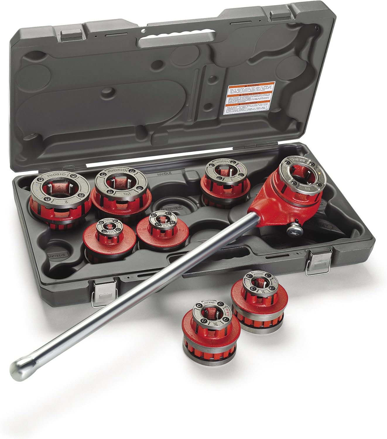 RIDGID 36480 12-R Exposed Ratchet Threader Set, Ratcheting Pipe Threading Set of 1/2-Inch to 1-1/4-Inch NPT Pipe Threading Dies and Manual Ratcheting Pipe Threader with Carrying Case,Silver/Red,Small