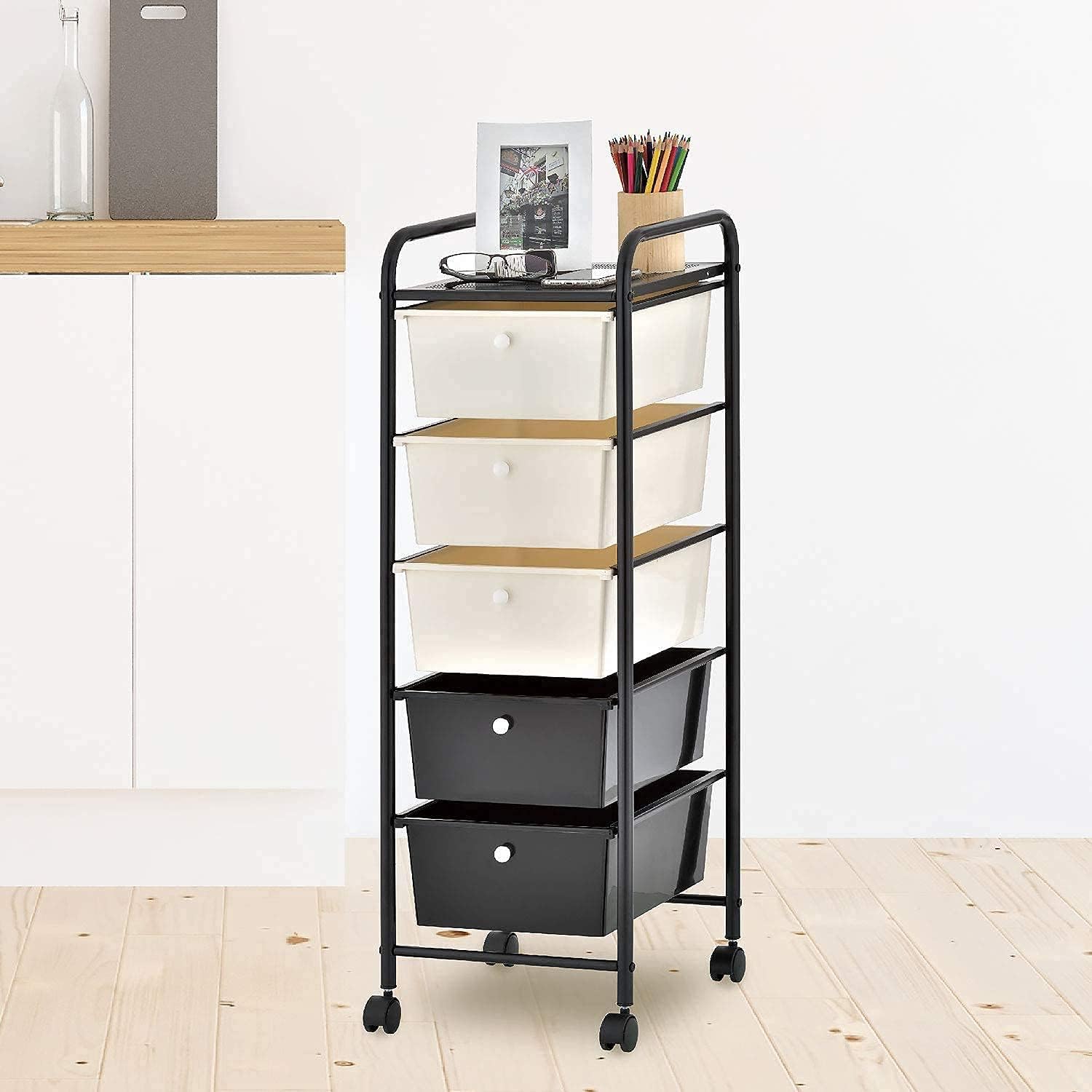 Drawer Storage Carts 5-Drawers Rolling Cart Utility Drawers Organizer on Wheels for Office School Living Room Bedroom,Large Storage