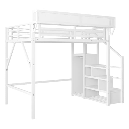 Full Size Loft Bed with Stairs and Storage, Metal Loft Bed Frame with Bedside Shelf and Large Under-Bed Space, Heavy-Duty Bed for Adults Teens and Kids, Black