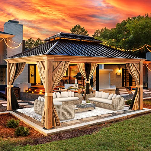 YOLENY 10' x 12' Hardtop Gazebo, Wood-Looking Gazebo with Galvanized Steel Double Roof, Aluminum Frame, Permanent Metal Pavilion with Netting and Curtains for Deck, Backyard, Patio and Lawns