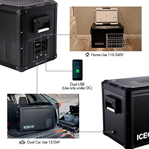 ICECO VL Pro Series Portable Refrigerator with Magnetic Hooks, Multi-directional Lid, Dual USB & DC 12/24V, AC 110-240V, Steel Compact Refrigerator Powered by SECOP, 0℉ to 50℉, Home & Car Use