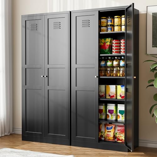 Kitchen Pantry Storage Cabinet with Adjustable Shelves Metal Cupboard Storage Cabinet with Adjustable Feet Pantry Cabinet for Kitchen, Living Room Dinning Room Bathroom. (Black, 61 inch)