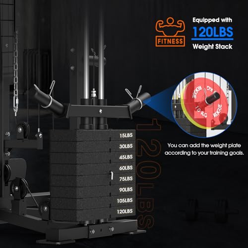 SunHome Smith Machine, 2000LBS Power Cage Squat Rack with Smith Bar, Two LAT Pull-Down Systems, Cable Crossover Machine and and More Cable Attachment for Home Gym