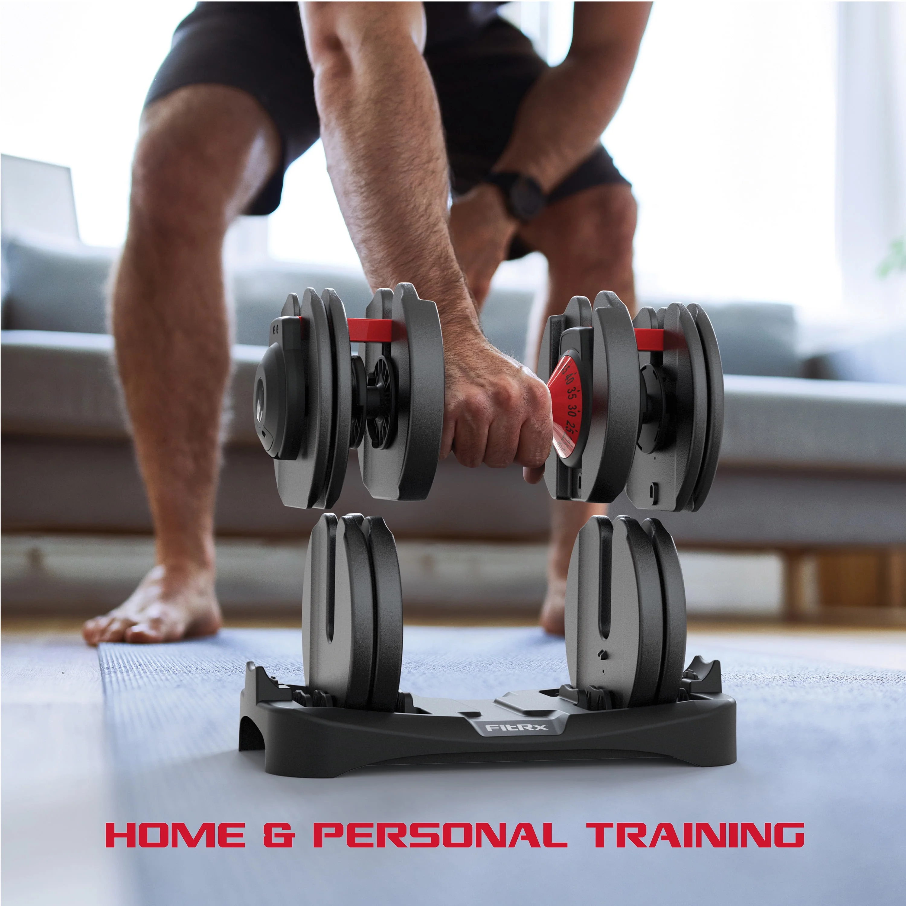 FitRx SmartBell, Quick-Select Adjustable Dumbbell, 5-52.5 lbs. Weight, Black, Single