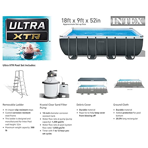 Intex 18' x 9' x 52" Ultra XTR Rectangular Frame Swimming Pool Set with Pump - Above Ground Backyard Large Rectangle Pool with 45-Inch Deep Water