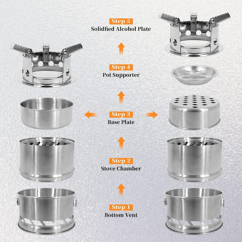 Camping Stove， Portable Wood Burning Stove Foldable Camping Stove Stainless Steel Camping Cookware Rocket Stove with Cut Resistant Gloves, Wire Saw for Outdoor Backpacking Hiking Traveling Picnic BBQ