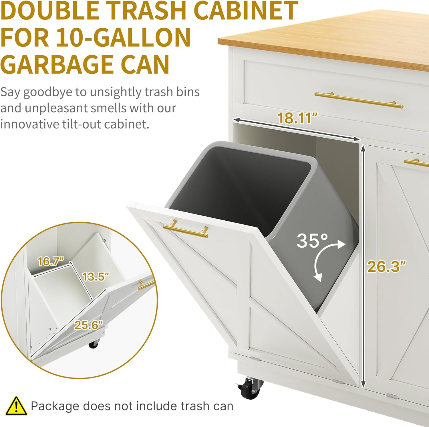 DWVO Square Kitchen Island with Double Tilt Out Trash Can Storage Cabinet, Rolling Portable Islands Table w Power Outlet Wheel Drawer Hidden 10 Gallon Garbage Bin Storage, White Oak