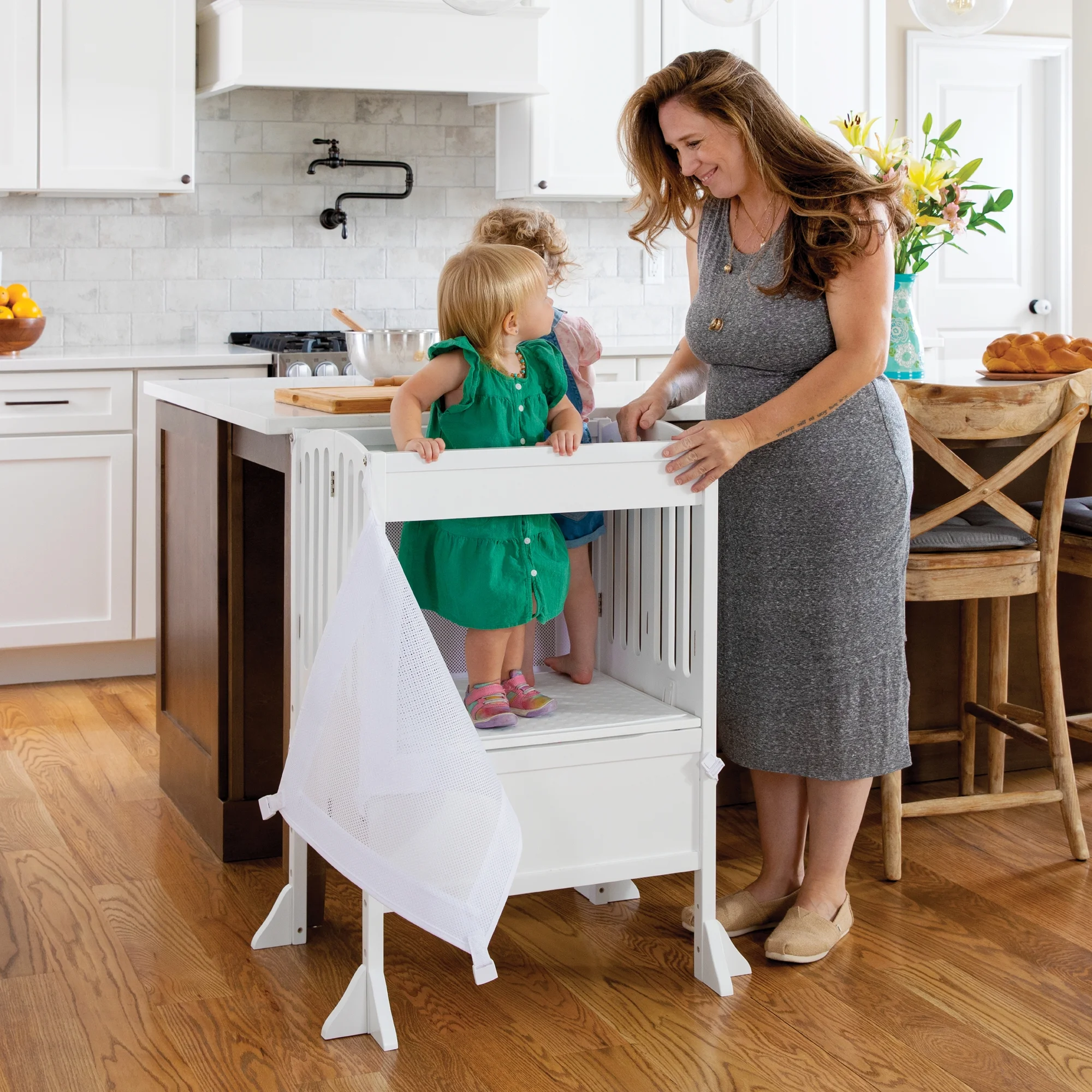 Guidecraft Contemporary Double Kitchen Helper® Stool - White: Extra-Wide Foldable Safety Tower for Two Toddlers; Adjustable Height, Wooden Counter Step Stool | Little Kids Learning Furniture