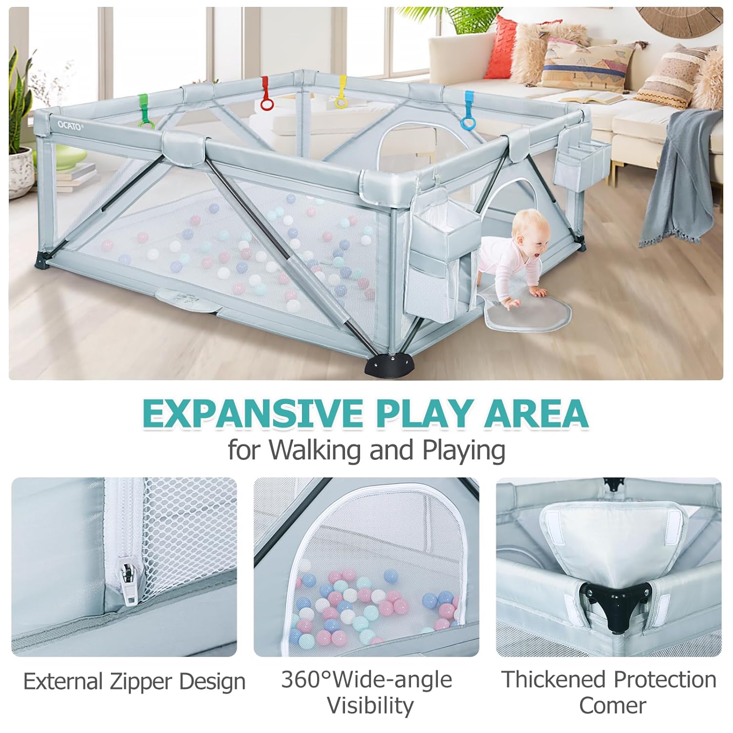 Baby Playpen: Foldable Playpen for Babies and Toddlers Large Play Pen Portable Playpen Fence Indoor Outdoor Kids Safety Area Travel Play Yard with 2 Storage Bags 4 Handlers 50 Balls (71" × 59")