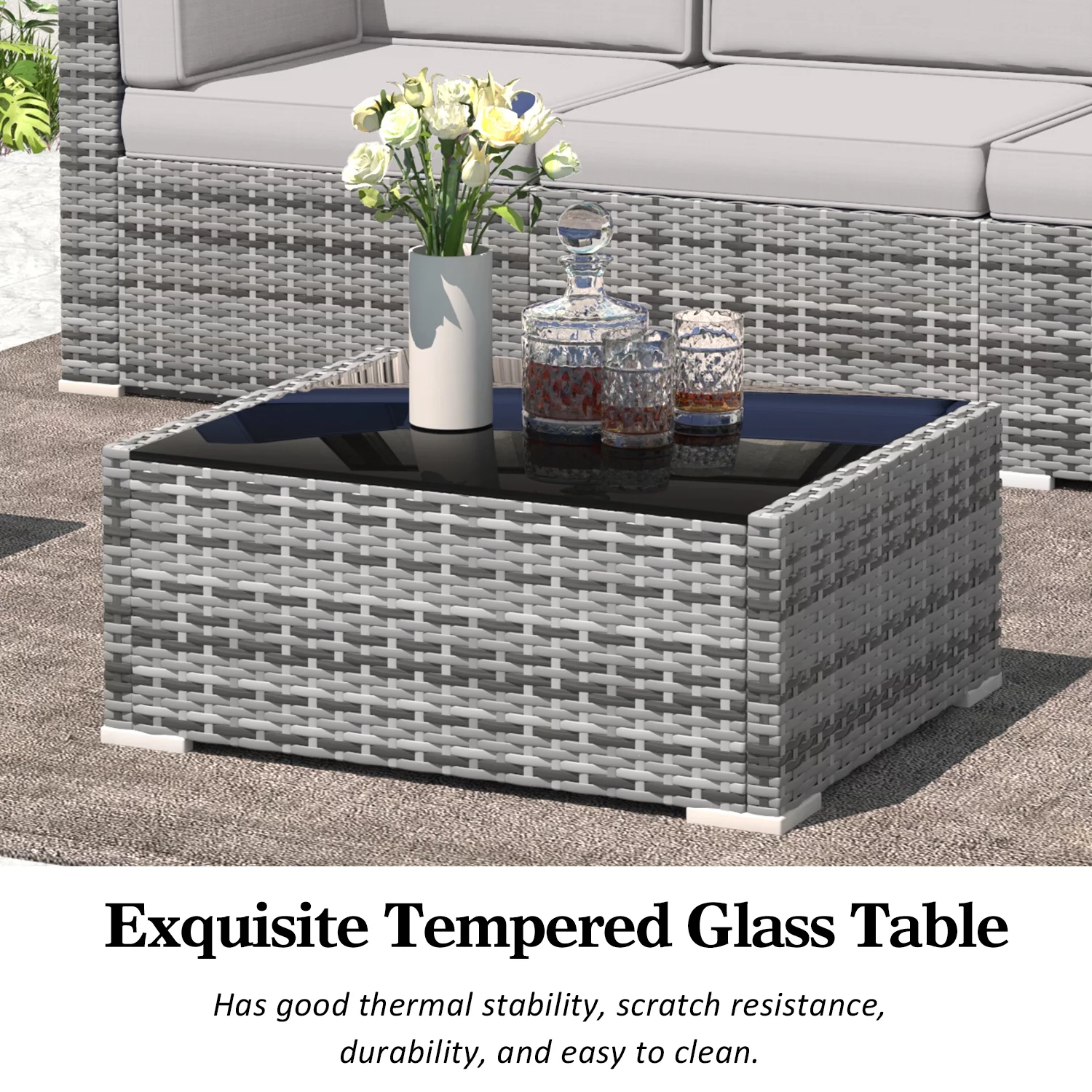 8 Piece Patio Furniture Set with 44" Propane Gas Fire Pit Table, Outdoor Sectional Conversation Set Wicker Rattan Sofa Set with Coffee Table
