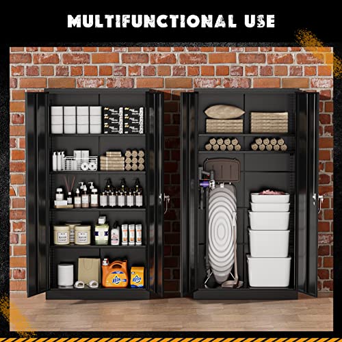 Greenvelly Metal Garage Storage Cabinet with Lock, 72”Metal Storage Cabinet with 2 Doors and 4 Adjustable Shelves, Steel Tool Cabinet for Garage,Home Office, School,Gym (Black Grey)