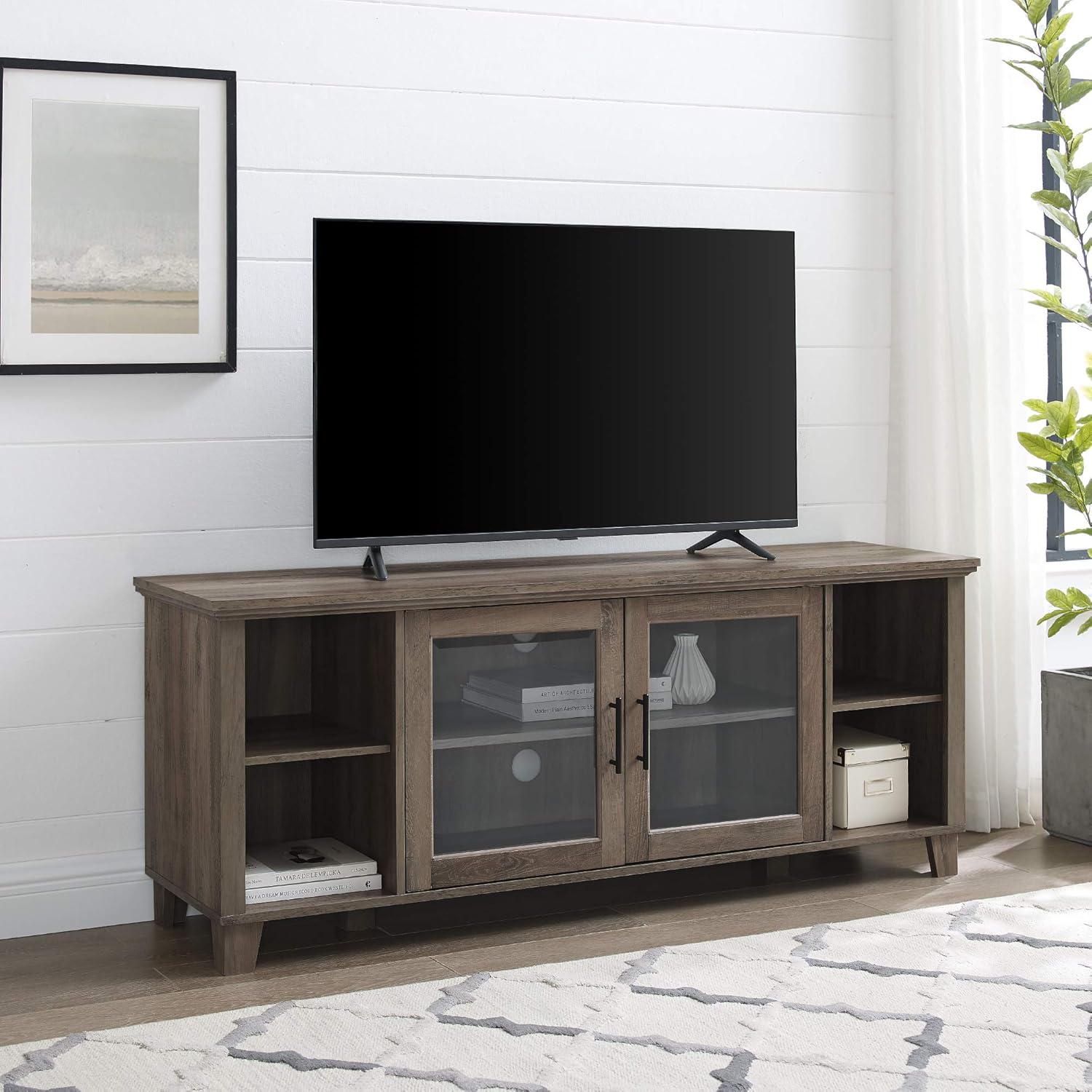 Walker Edison Farmhouse Glass and Wood TV Stand for TV's up to 80 Universal TV Stand for Flat Screen Living Room Storage Cabinets and Shelves Entertainment Center, 70 Inch, White Oak