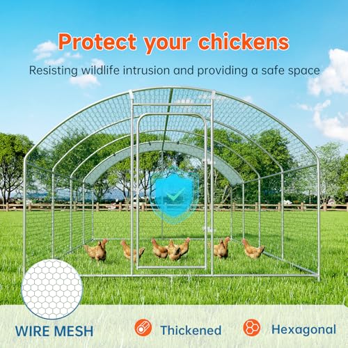 Large Metal Chicken Coop, Chicken Run Poultry Cage Hen with Water-Resident and Anti-UV Cover for Duck Rabbit House Outdoor Walk-in Chicken Pen for Yard, Dome Roof(10’ W x 19.7’ L x 6.4’ H)