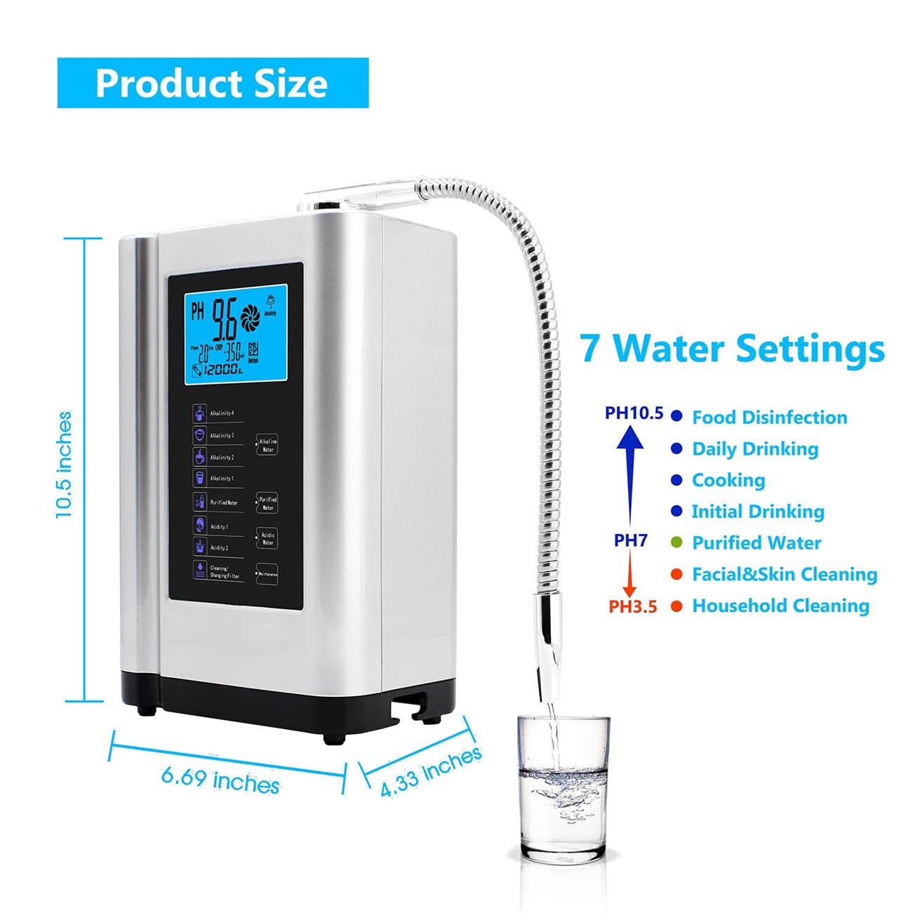 Alkaline Water Ionizer Machine, Hydrogen Generator Home Water Filter System Purifier for PH3.5-10.5 Acid Alkaline Water